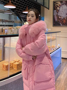 粉色大毛领羽绒棉服女冬韩版中长款宽松加厚加绒过膝外套