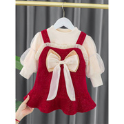 女童冬季加绒连衣裙婴儿鱼尾裙套装两件套儿童冬装周岁女宝宝礼服