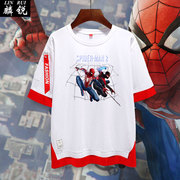 漫威蜘蛛侠2游戏周边蜘蛛人2假两件短袖t恤衫男女5五分袖半袖中袖