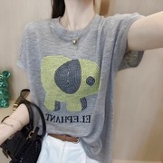 韩国冰丝针织短袖t恤女夏2024时尚小象薄款显瘦减龄圆领上衣