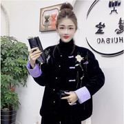 冬季圆领盘扣唐装棉服外套女时尚，宽松黑色拼紫色丝绒刺绣棉衣棉袄