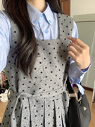 韩系学院风波点连衣裙，套装女春秋，小个子蓝色衬衫背带裙两件套