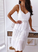 甜美夏季v领白色，镂空钩花蕾丝拼接无袖吊带连衣裙沙滩裙dress