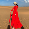 茶卡盐湖旅拍红色雪纺，连帽长袖大摆连衣裙沙漠度假超仙长裙