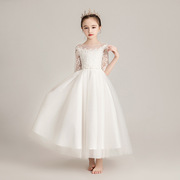 女童白色洋气长袖公主，裙花童婚纱，儿童主持人晚礼服女孩走秀演出服