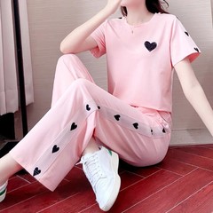 运动休闲套装女夏时尚韩版宽松洋气减龄粉色欧货潮两件套