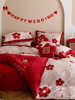 浪漫100支双面婚庆长绒棉，四件套印花刺绣，结婚大红色被套床上用品