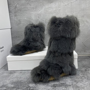 冬季狐狸毛毛靴子厚底羊皮毛，一体加厚防滑保暖长筒雪地靴女潮