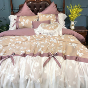 好梦连连贡缎长绒棉四件套，公主风床裙款床罩床上用品，全棉套件双人
