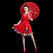 夏季广场舞服装套装女民族风伞舞秧歌舞演出服短裙中老年跳舞衣服