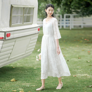 初蝉2023夏季女改良中式复古飘逸气质温柔仙女白色雪纺连衣裙