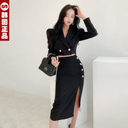 韩国女春秋时尚气质，西装套装裙短款小外套+高腰半身裙中长款