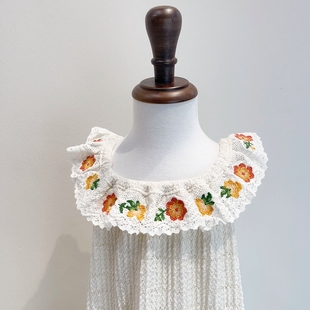 110-145韩系高端女童米色，刺绣花朵领蕾丝无袖连衣裙
