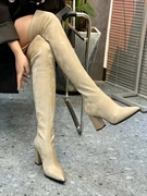 性感瘦腿8cm高跟棕色过膝靴女秋季单靴后拉链，尖头粗跟高筒长筒靴