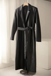 WMXZ自制女装气质黑色PU仿皮系带中长款大衣外套风衣1255716