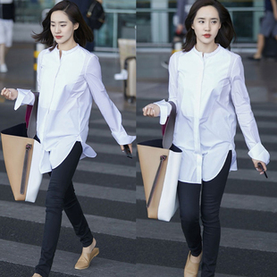 立领纯棉白衬衫女韩版中长款大码显瘦性感长袖衬衣2023年秋季女装