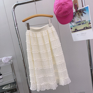 2024夏季女童甜美雪纺裙垂感半身裙米色长裙，公主时髦蕾丝裙