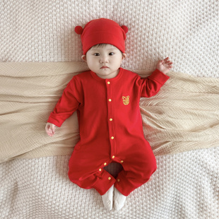 婴儿纯棉连体衣宝宝满月周岁，红色喜庆衣服，新生儿过年服长袖爬爬服