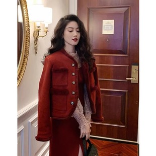 欧洲站女装2023新年战袍法式D高级感红色洋装子两件式套装秋
