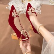 婚鞋女粗跟2023春季新娘高跟鞋，红色不累脚，婚纱秀禾服两穿单鞋