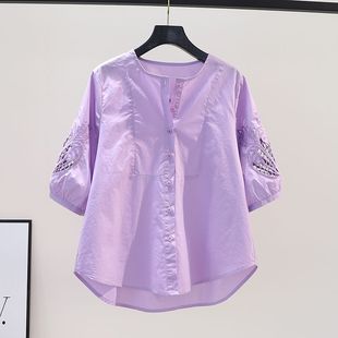 浅紫色镂空绣花五分袖棉质衬衣女2023夏季设计感圆领宽松衬衣上装