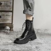 黑色马丁靴女百搭薄款英伦，风靴子短筒女靴子，中跟秋冬短靴加绒