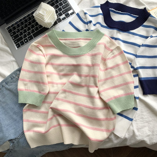 粉色条纹撞色短袖t恤女夏宽松ins设计感小众chic港味针织衫上衣服
