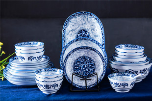 釉下彩创意中式青花瓷碗碟家用陶瓷饭碗7寸菜盘大碗鱼盘套装餐具