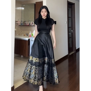 大码胖妹妹新中式女装，改良汉服女夏季国风黑色，马面裙套装2023