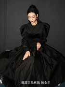cheap-chic韩国秋装复古系带高腰，圆领泡泡长袖连衣裙女长裙