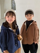 儿童风衣男女童外套中长款带帽姐弟，装森系设计款2023秋款韩国童装