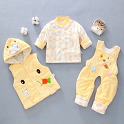婴儿薄棉衣套装纯棉背带裤宝宝，夹棉三件套幼儿衣服秋冬外套0-1岁