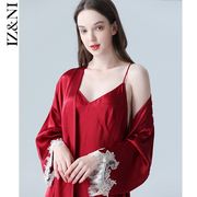 iizzini原创真丝睡袍女春夏，薄款桑蚕丝吊带，2件酒红婚礼晨袍