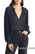 女士纯元FM藏蓝色圆领系带褶皱设计泡泡袖气质透气舒适长袖衬衫
