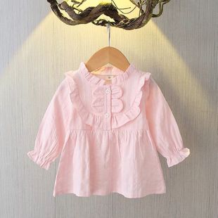 女童长袖衬衫春秋纯色蝴蝶结中小童洋气衬衣，宝宝套头薄款上衣