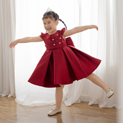 儿童礼服女童公主裙酒红色短款蓬蓬裙连衣裙洋气花童婚纱裙