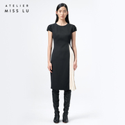 ateliermisslu设计师品牌，黑拼米白撞色拼接风琴折连衣裙
