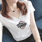 夏季显瘦v领白色上衣2024年韩版短袖t恤女字母，百搭纯棉打底体恤衫
