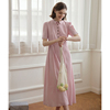 simpleretro粉色连衣裙，女夏天丝麻小立领，泡泡袖收腰纯色长裙