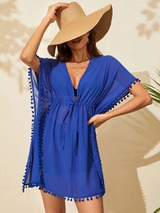 夏季V领宝蓝色度假沙滩性感罩衫波西米亚短袖连衣裙防晒衫女