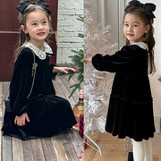 名媛蕾丝娃娃领儿童绒面，泡泡袖公主裙2024年春童装黑色女童连衣裙