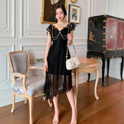重工镶钻链条蕾丝不规则，黑色连衣裙2024法式气质小仙女裙
