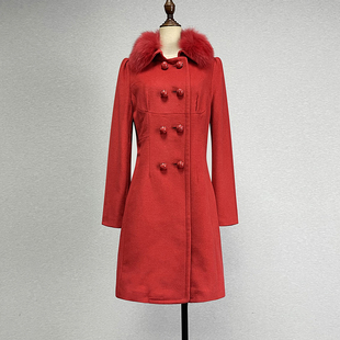 品牌折扣中长款红色羊毛呢，大衣女喜庆本命年双排扣可拆卸毛领外套