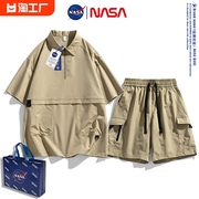 NASA联名美式休闲套装男士夏季短袖T恤搭配工装短裤情侣款两件套