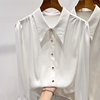 2023韩国修身显瘦翻领单排扣纯色长袖雪纺衬衫女夏季缎面衬衫