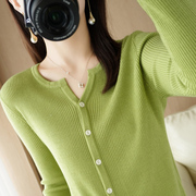 春季韩版羊毛衫，女圆领抽条半开领开衫，时尚纯色针织外套