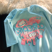 湖蓝色短袖t恤女夏日系设计感半袖vintage宽松oversize体恤上衣潮