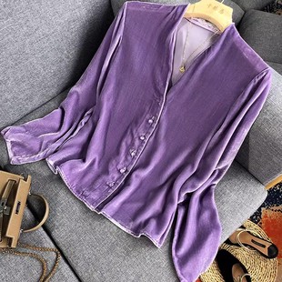 春秋修身长袖上衣女，衬衫v领短款中式盘扣，紫色灯芯绒金丝绒外套女