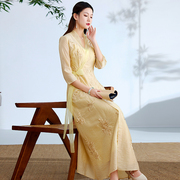中国风连衣裙夏季复古刺绣，大码显瘦改良汉服民族风天丝棉长裙