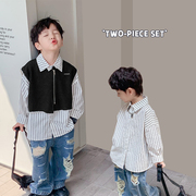 韩国童装2023秋装儿童衬衣针织马甲两件套男童条纹长袖衬衫套装潮